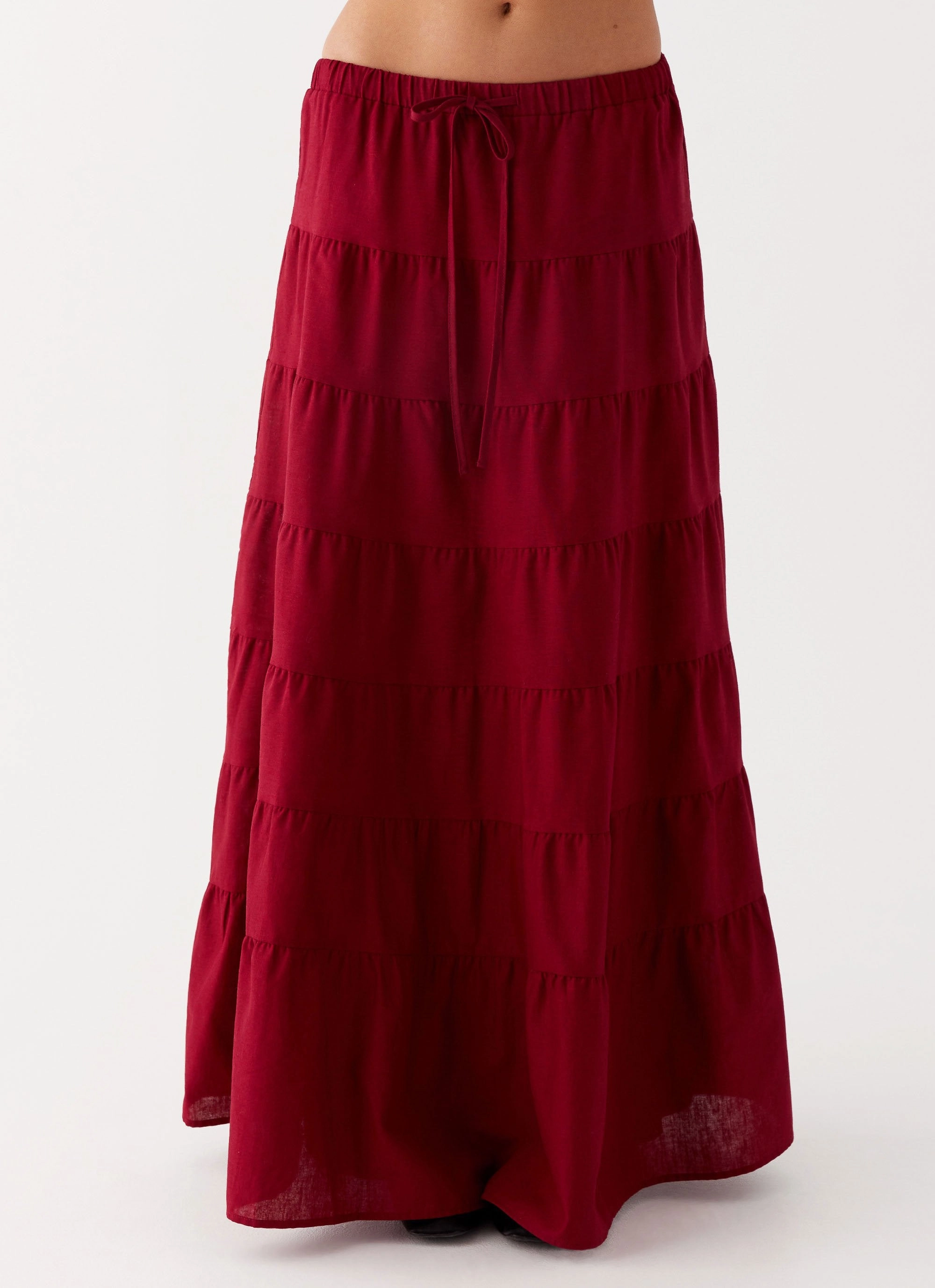 Mariella Linen Maxi Skirt - Maroon Clean Jacket Detail