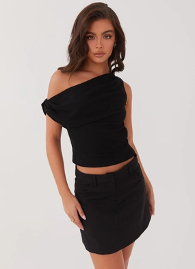 Ventilated Panels Marissa Linen One Shoulder Top - Black