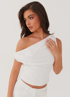 Marissa Linen One Shoulder Top - White Moisture Control Lining