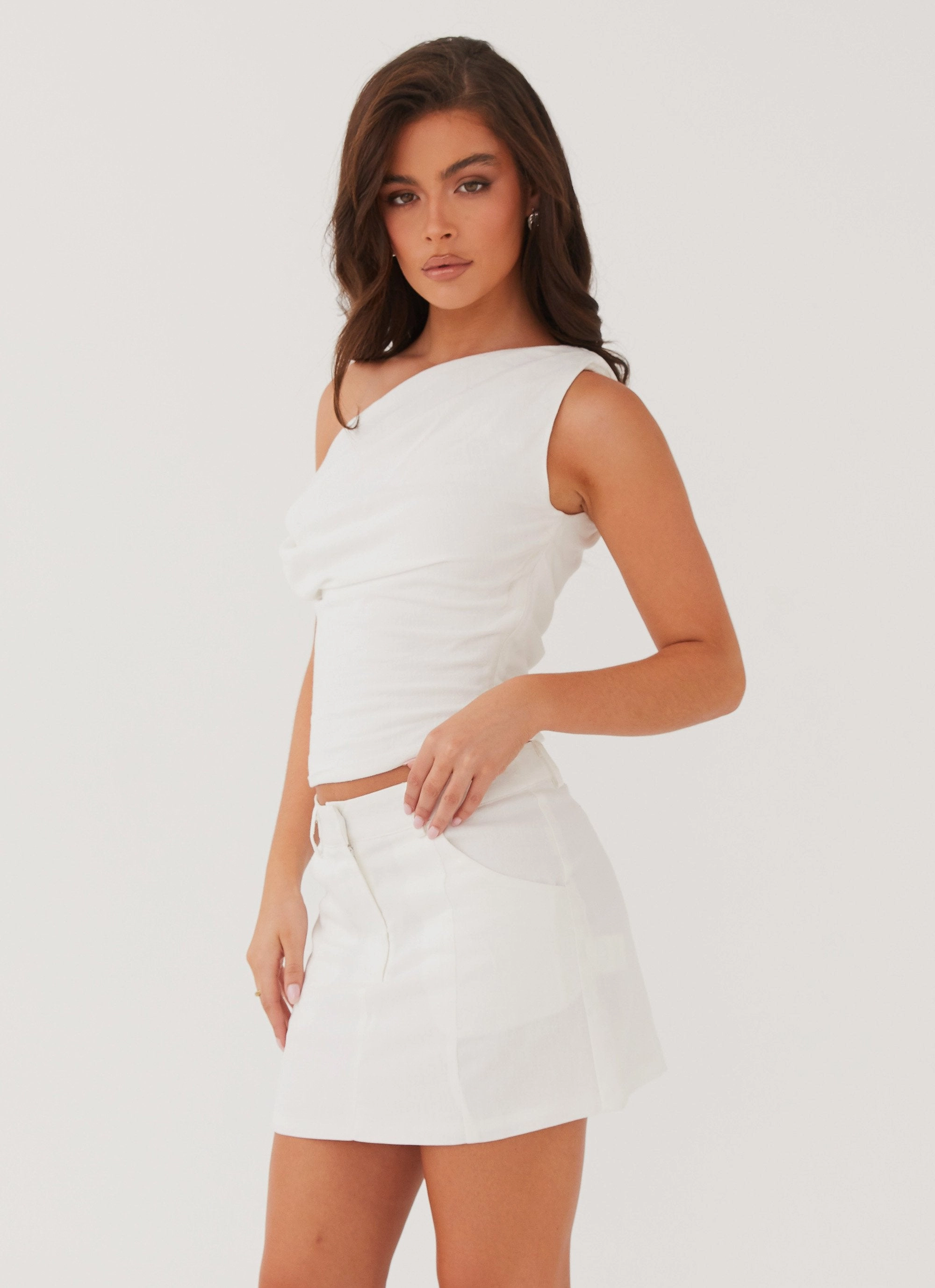 Marissa Linen One Shoulder Top - White Reinforced Buttonholes Minimalist Design