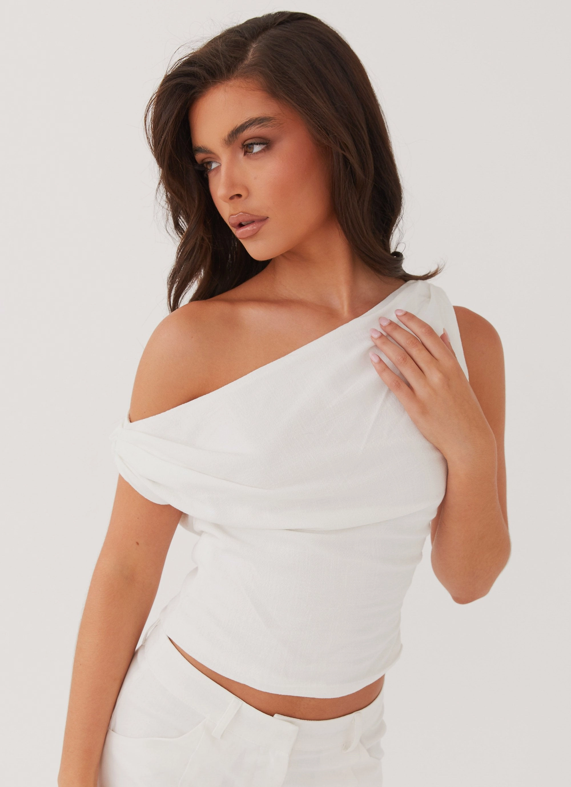 Marissa Linen One Shoulder Top - White Moisture Control Lining
