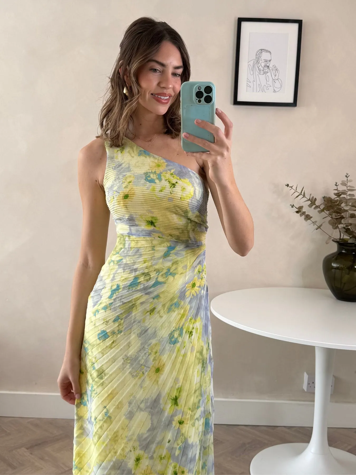 Contemporary Waist Marley Asymmetric Pleated Maxi Dress / Lemon Floral