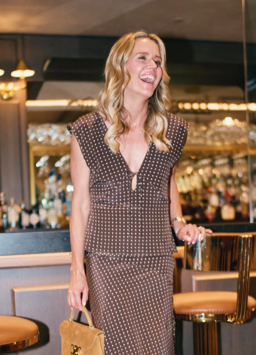 MASON by MASON'S DAUGHTER | Esme Top, Cocoa Silk Polka Dot Active Utility