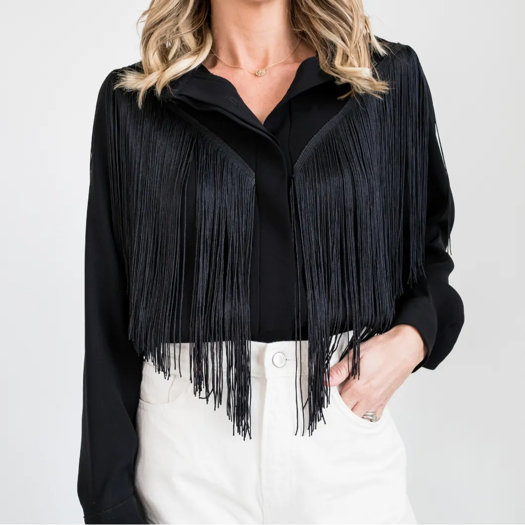 MASON by MASON'S DAUGHTER | Loretta Western Fringe Top, Black Clean Fit Tapered Leg Design