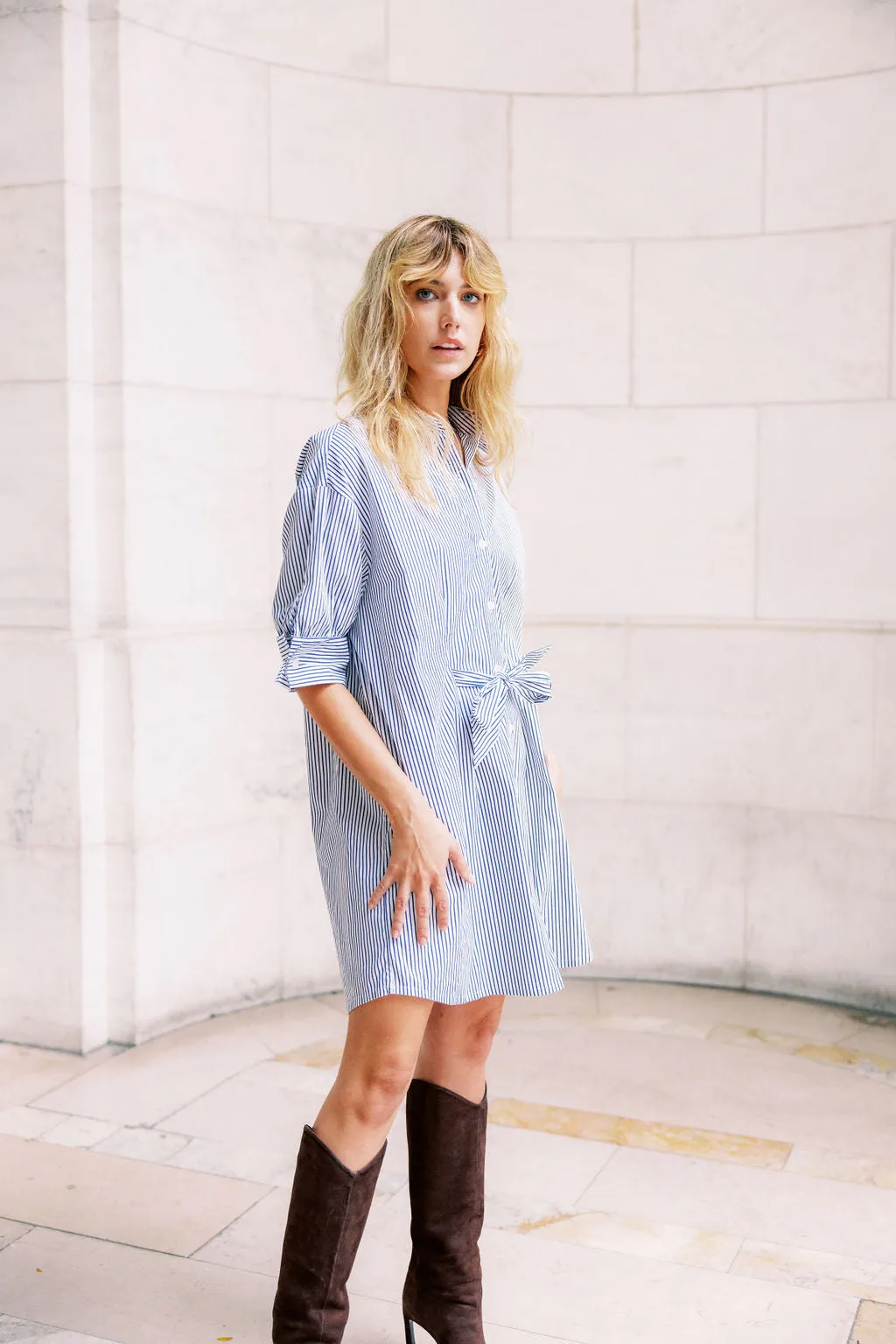 MASON'S DAUGHTER | Anna Dress, Black and White Striped Poplin Snag Free Fabric