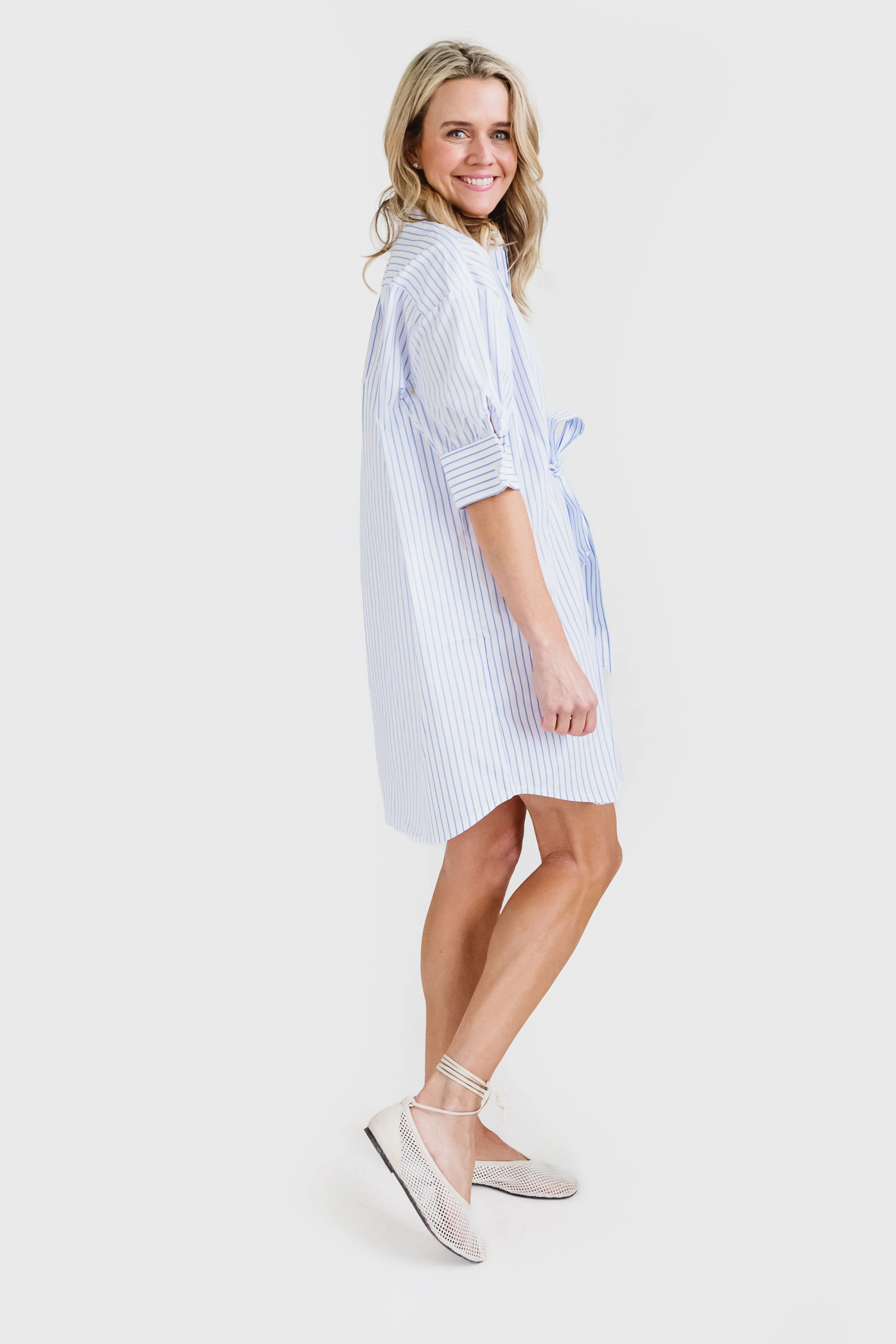 MASON'S DAUGHTER | Anna Dress, Blue and White Striped StainResistantCoating