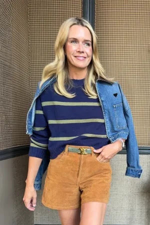 MASON'S DAUGHTER | Danielle Sweater, Navy & Olive Striped Knit Quick Conversion Hem