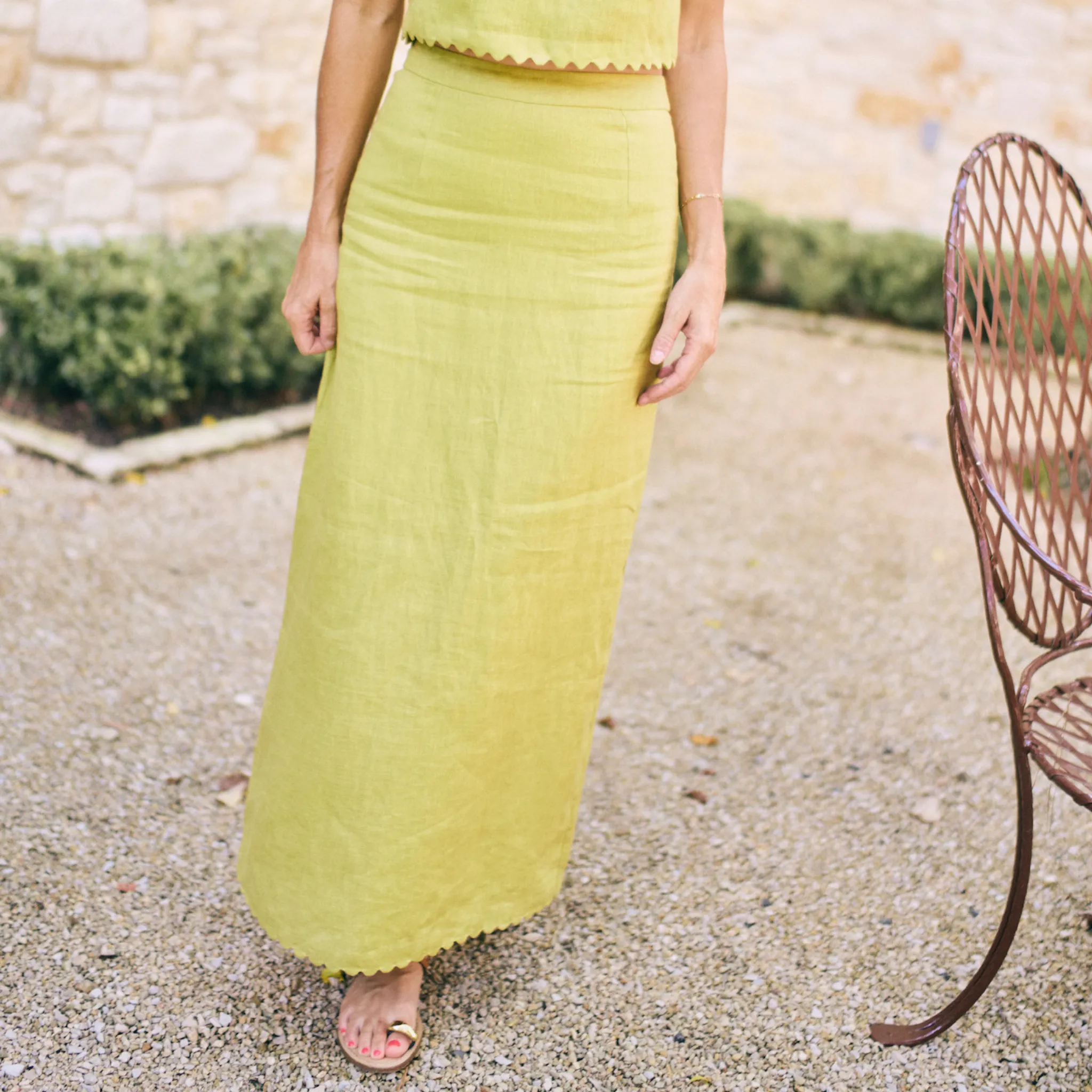 SustainableManufacturing Ventilated Mesh Lining MASON'S DAUGHTER | Ella Scallop Maxi Skirt, Chartreuse Linen