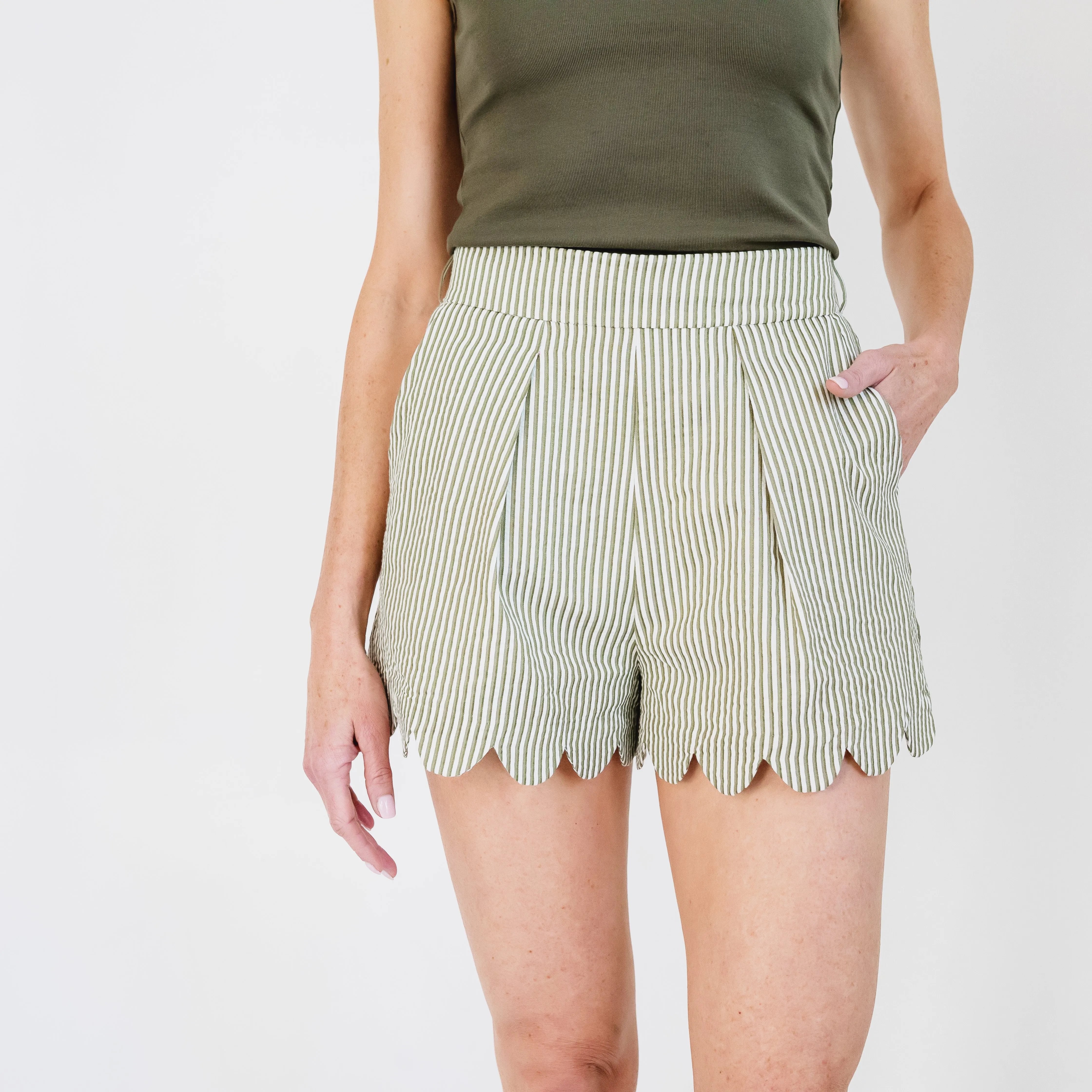 Breathable Comfort Fit Versatile Waist MASON'S DAUGHTER | Ella Scallop Short, Olive & Ivory Seersucker