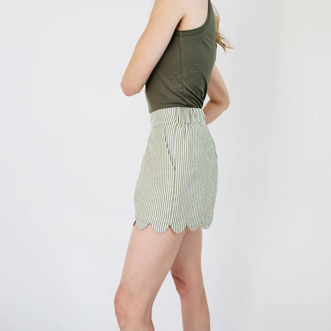 MASON'S DAUGHTER | Ella Scallop Short, Olive & Ivory Seersucker Smart Motion Abrasion Resistant Panels