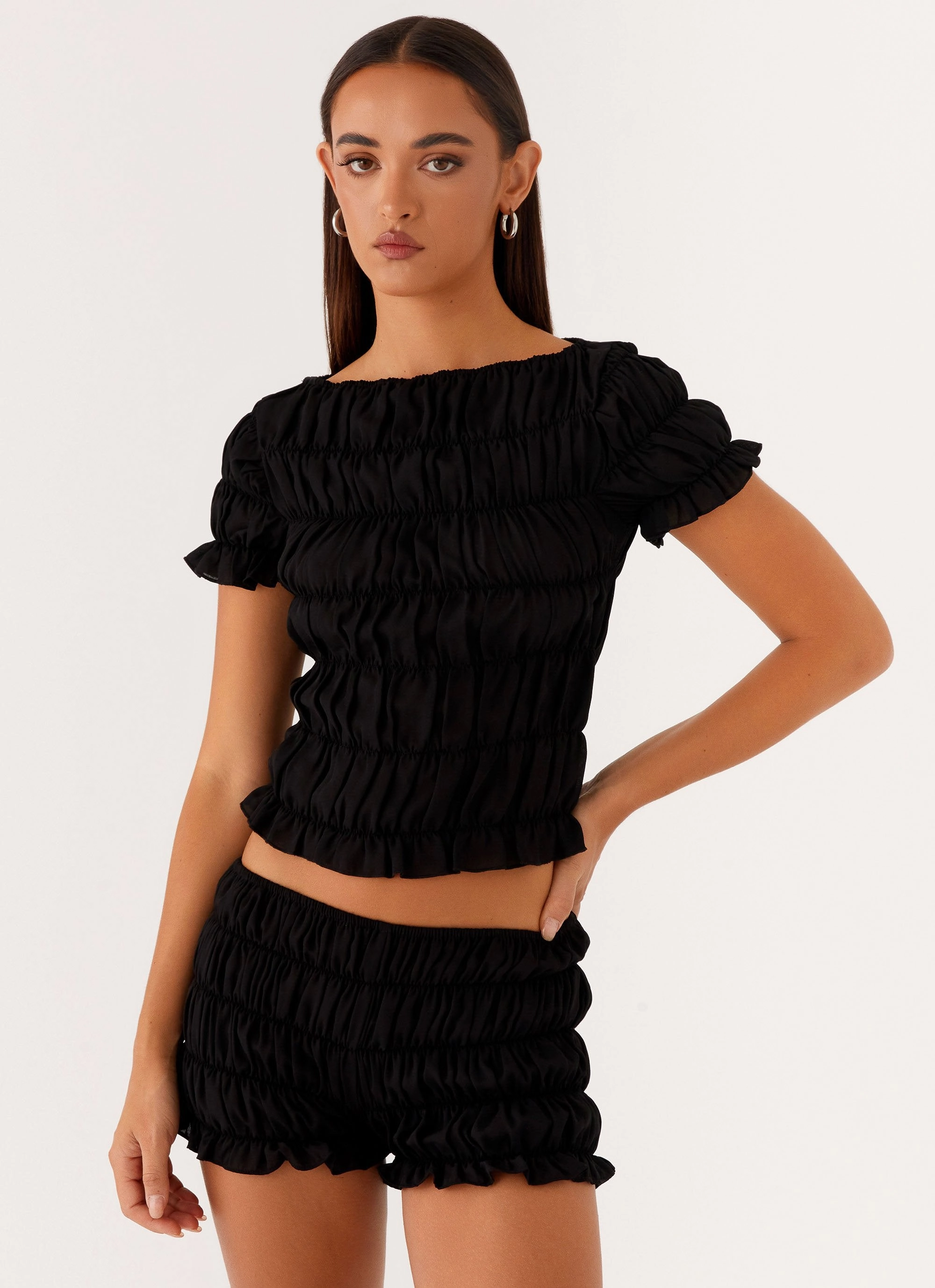 Mateo Ruched Top - Black Drop Shoulder