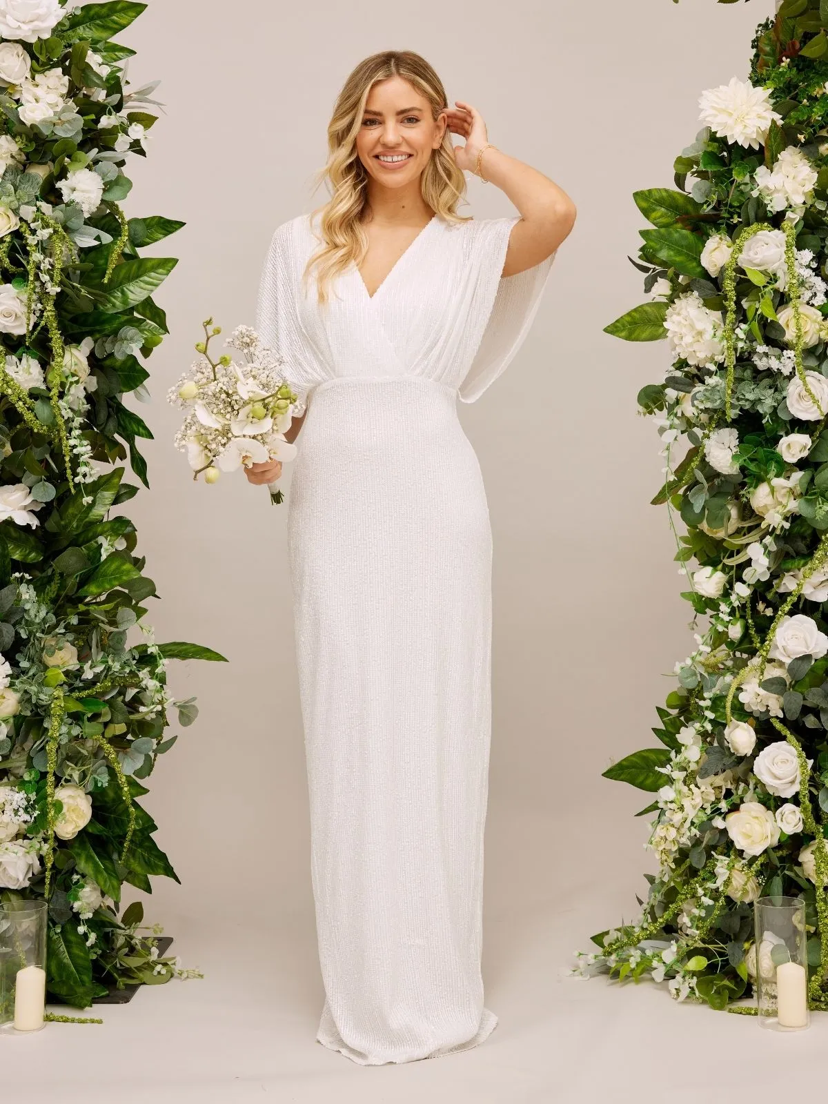 Angel Sleeve Sequin Maxi Bridal Dress / White Sequin Subtle tone