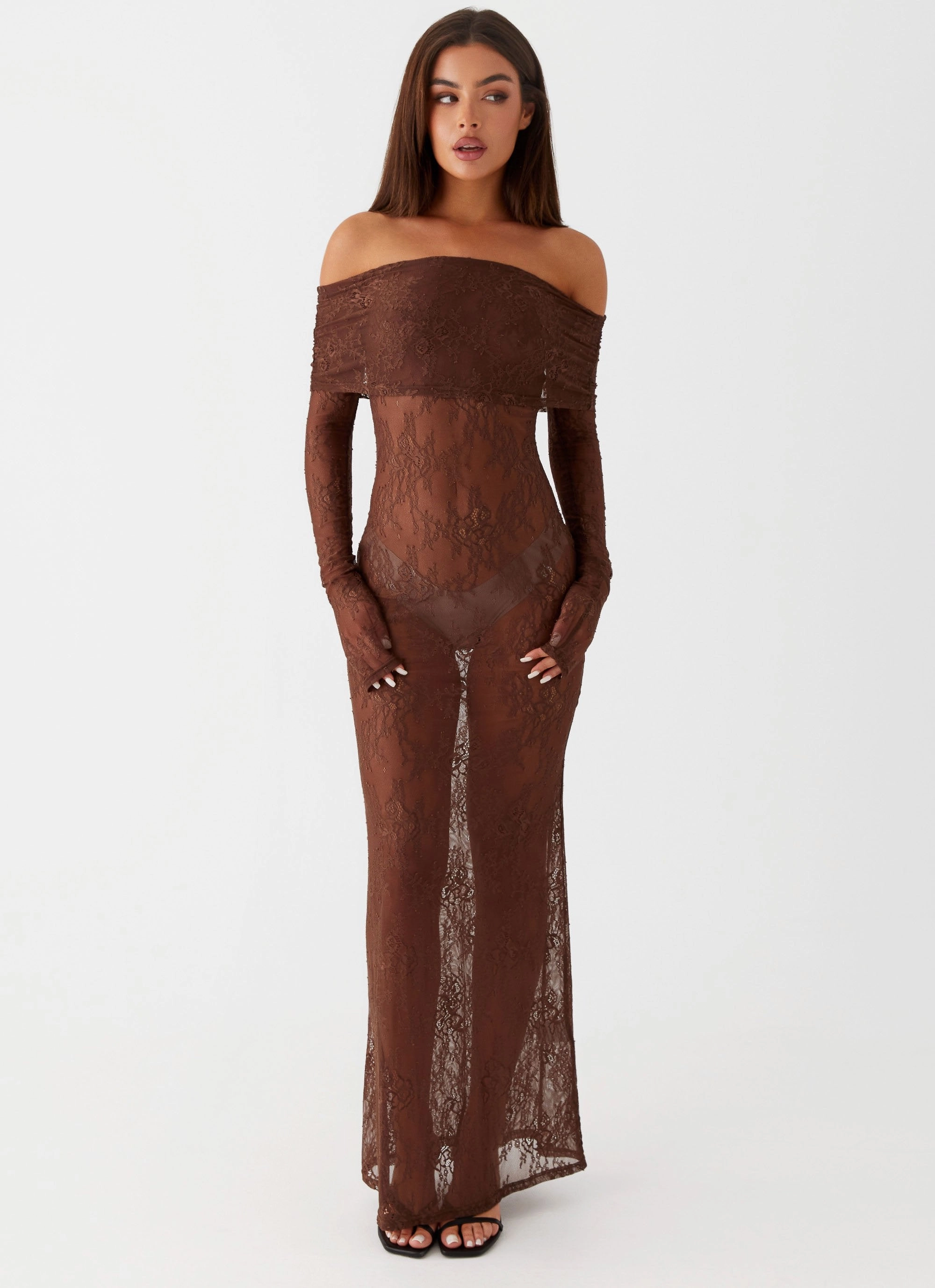Flexible Waist Nadia Lace Maxi Dress - Chocolate