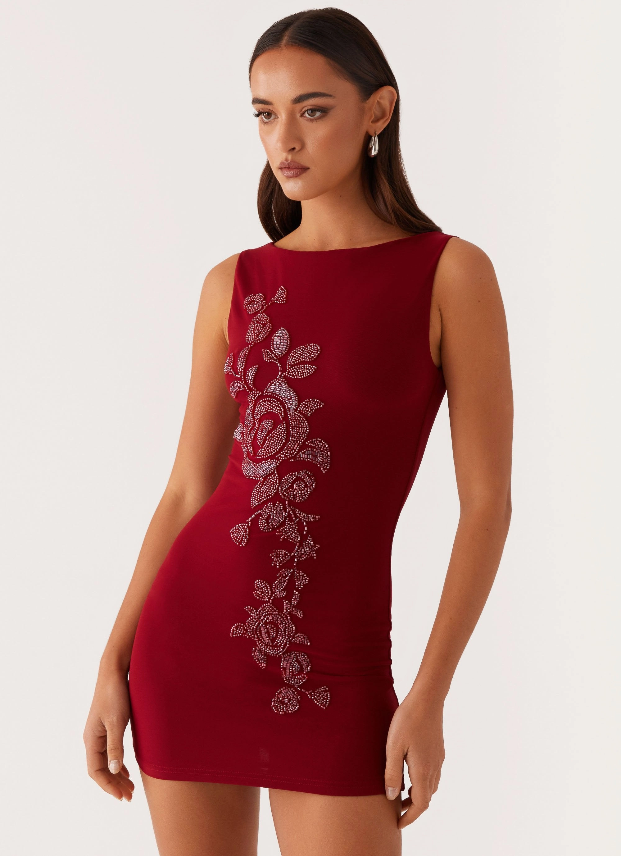 Matteo Beaded Mesh Mini Dress - Deep Red Effortless Touch Elegant Piece