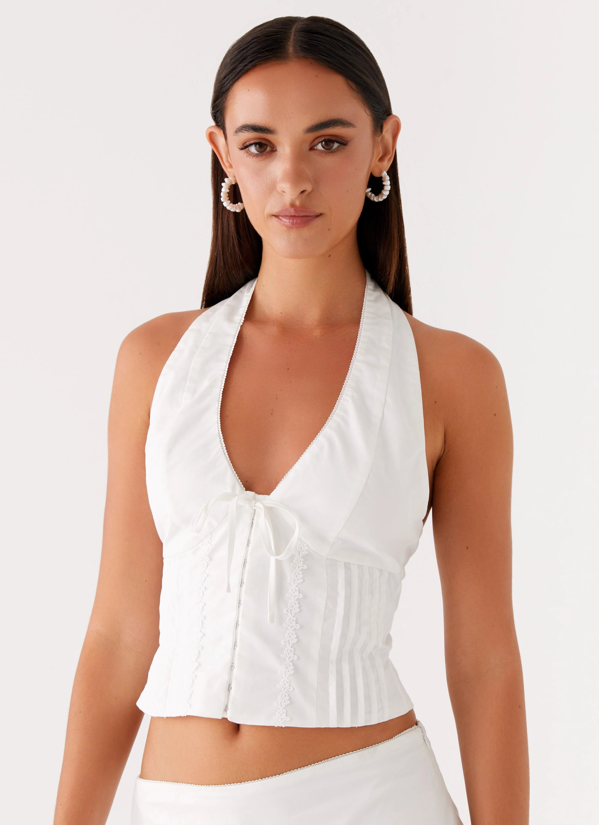 Mavis Halter Top - White Foldable Cuff Design