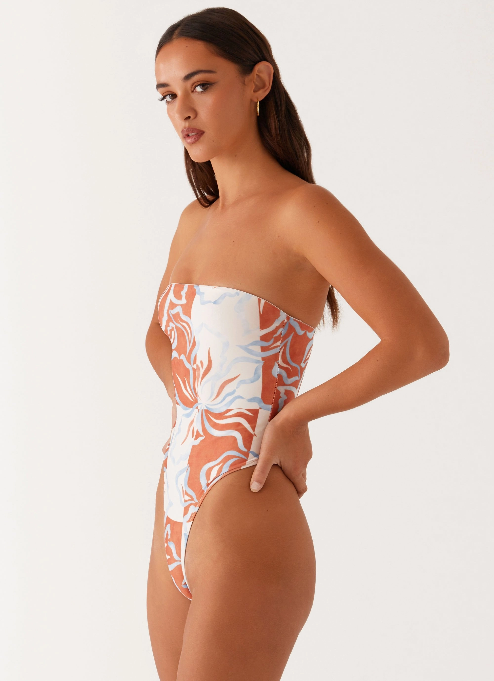 Tanning Time Maxine Strapless One Piece Swimsuit - Orange Blue Floral