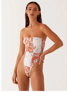 Maxine Strapless One Piece Swimsuit - Orange Blue Floral Mesh Panel Sweat Wicking Backing