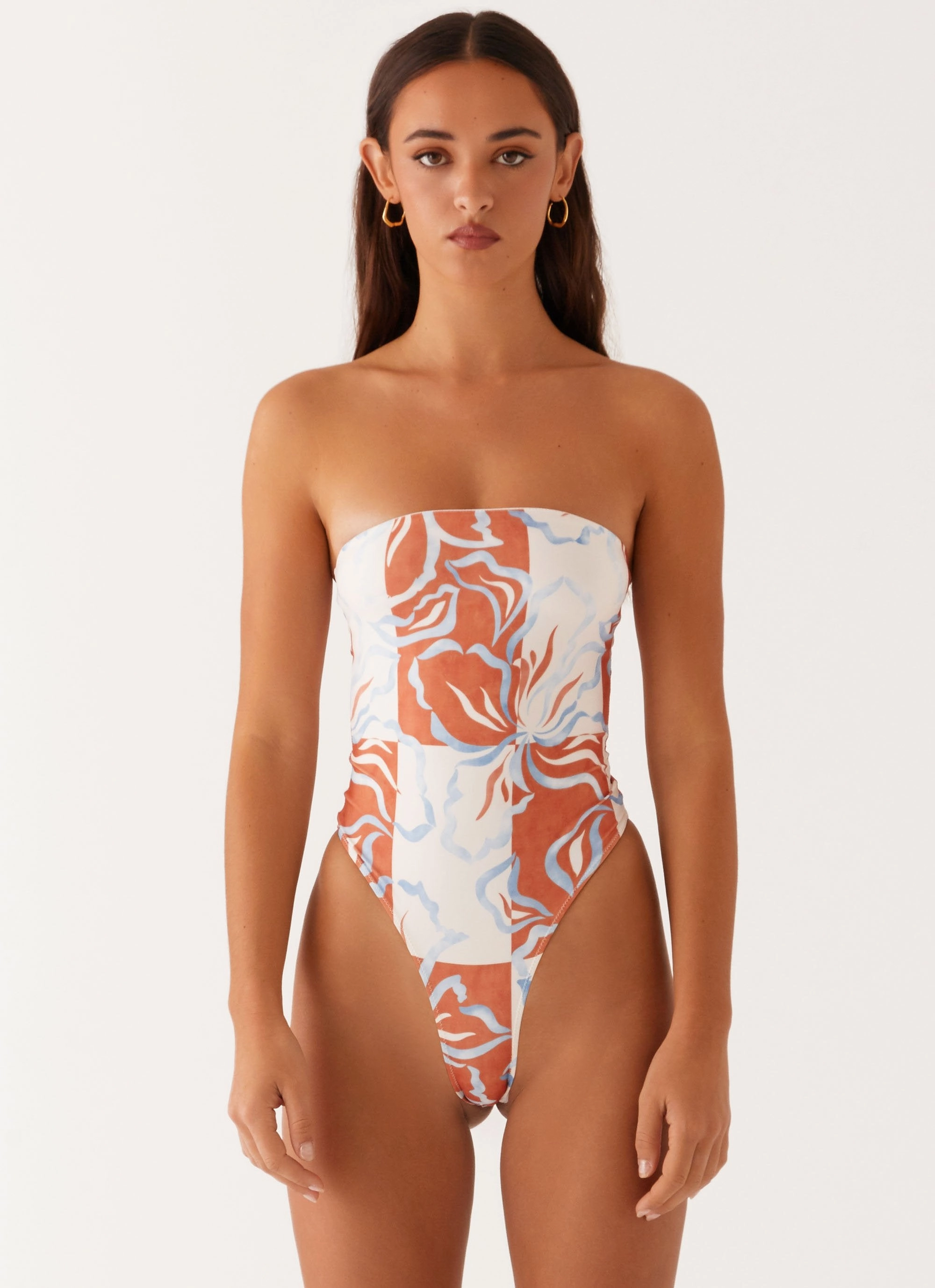 Maxine Strapless One Piece Swimsuit - Orange Blue Floral Flexible Paneling Summer Days