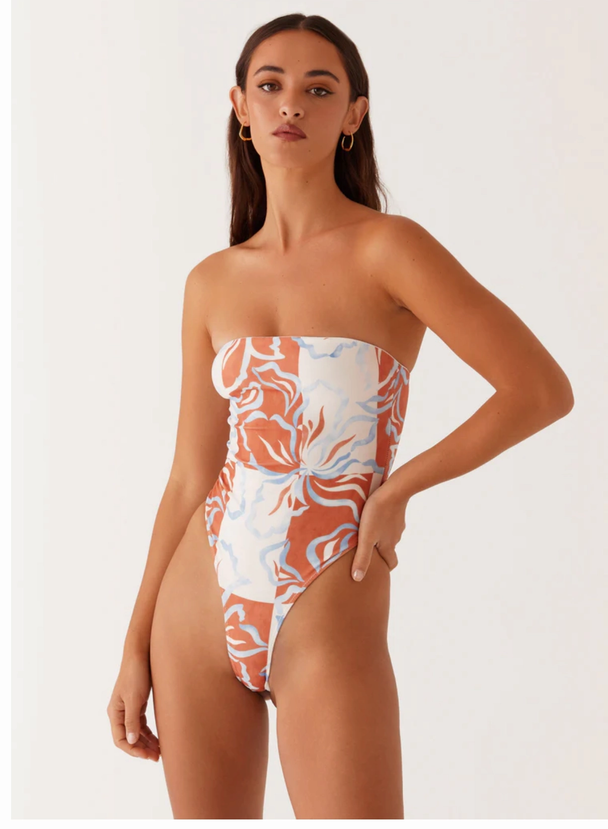 Maxine Strapless One Piece Swimsuit - Orange Blue Floral Mesh Panel Sweat Wicking Backing