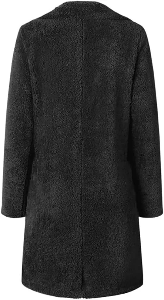 Mayntop Women Furry Mid-Length Coat Jacket Oversized Notch Lapel Plus Size Solid Color Fleece Plain Cardigan Sherpa Outerwear