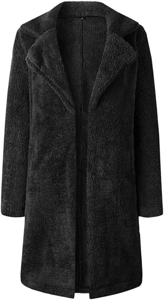 Mayntop Women Furry Mid-Length Coat Jacket Oversized Notch Lapel Plus Size Solid Color Fleece Plain Cardigan Sherpa Outerwear