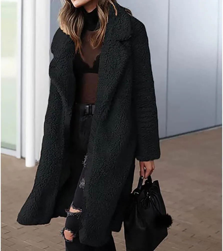 Mayntop Women Furry Mid-Length Coat Jacket Oversized Notch Lapel Plus Size Solid Color Fleece Plain Cardigan Sherpa Outerwear
