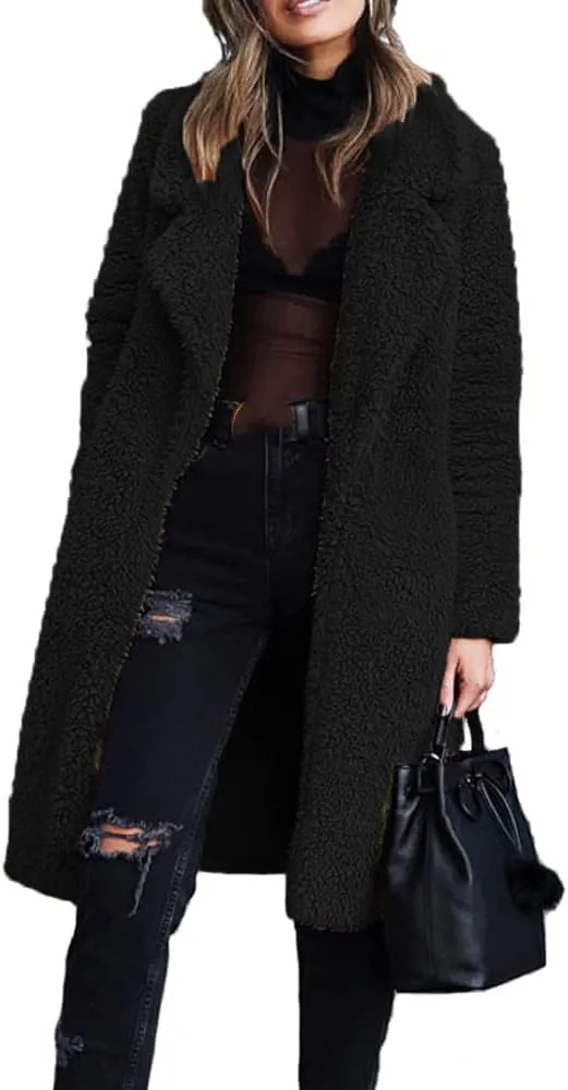 Mayntop Women Furry Mid-Length Coat Jacket Oversized Notch Lapel Plus Size Solid Color Fleece Plain Cardigan Sherpa Outerwear
