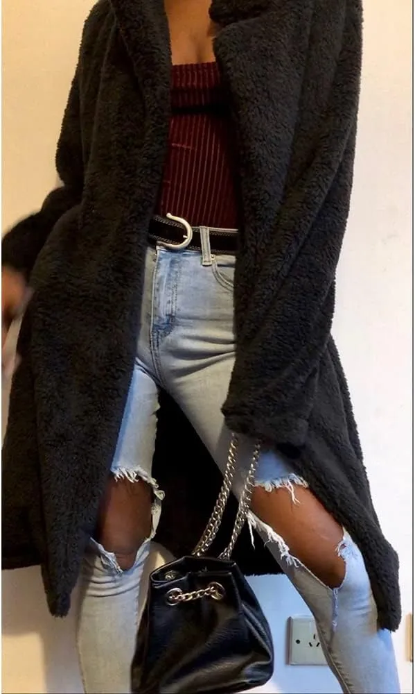 Mayntop Women Furry Mid-Length Coat Jacket Oversized Notch Lapel Plus Size Solid Color Fleece Plain Cardigan Sherpa Outerwear