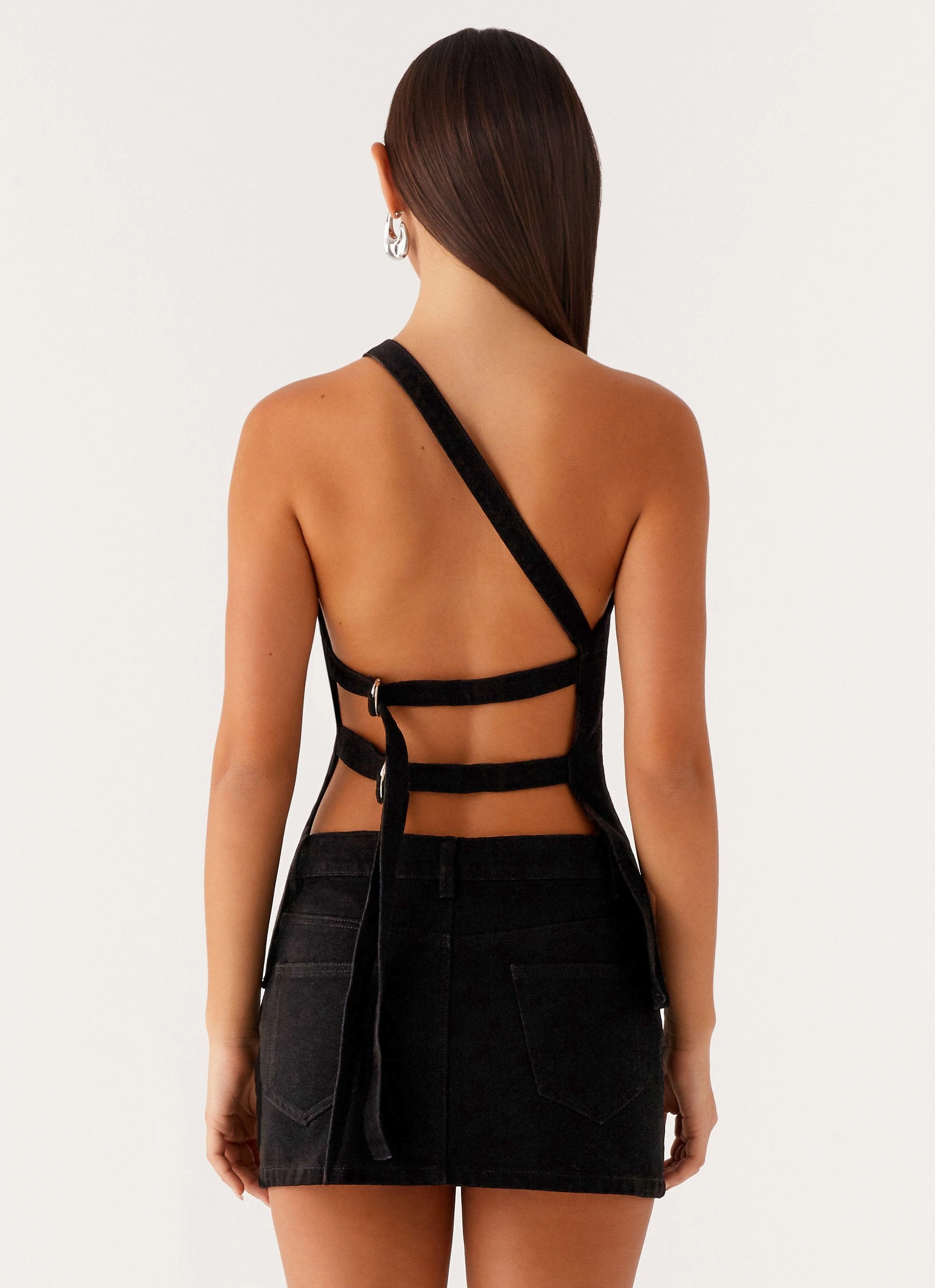 High Collar Design Non Chafing Edges Maysa Denim Top - Black