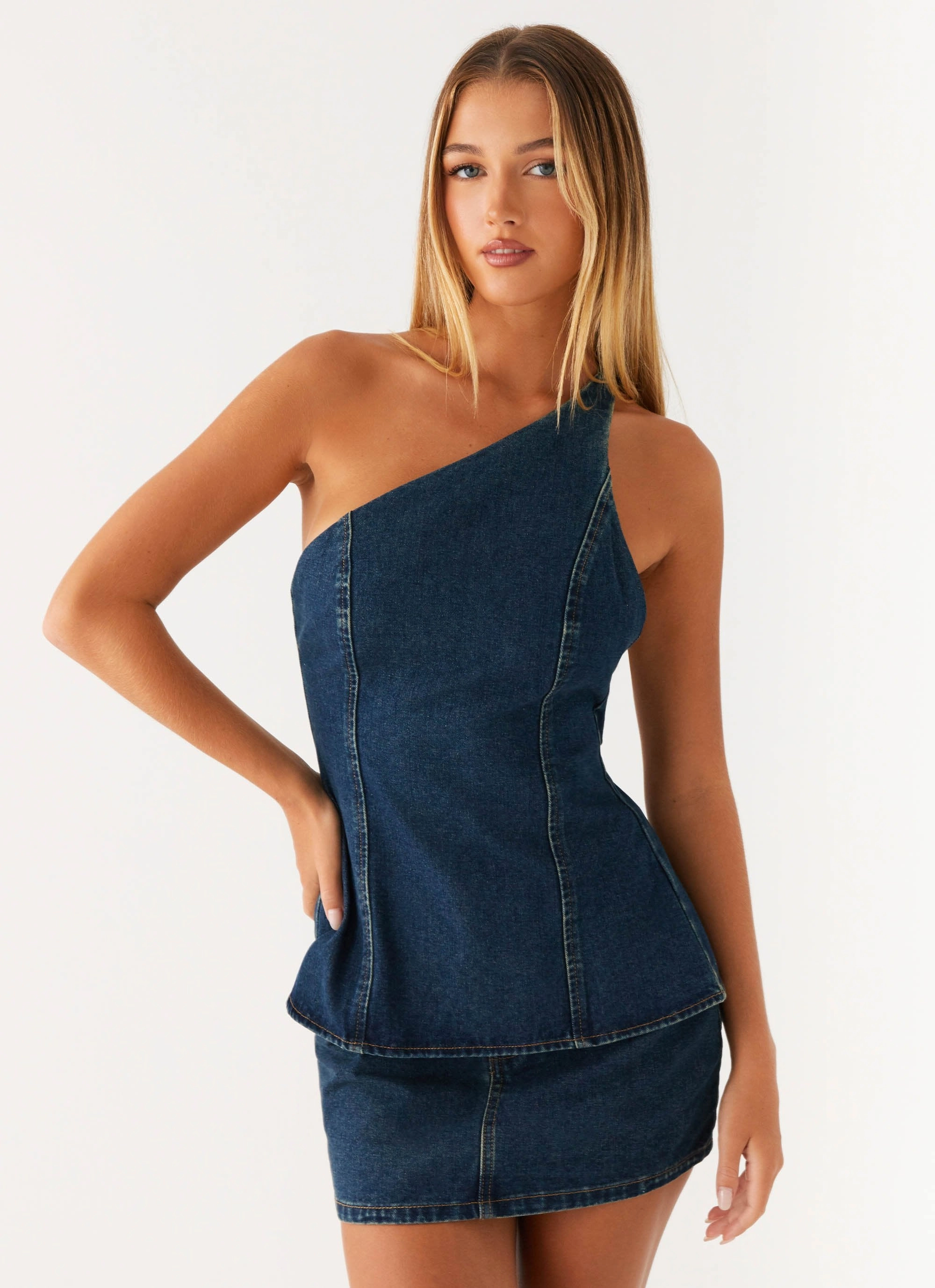 Foldable Cuff Design Contemporary Cut Maysa Denim Top - Washed Denim