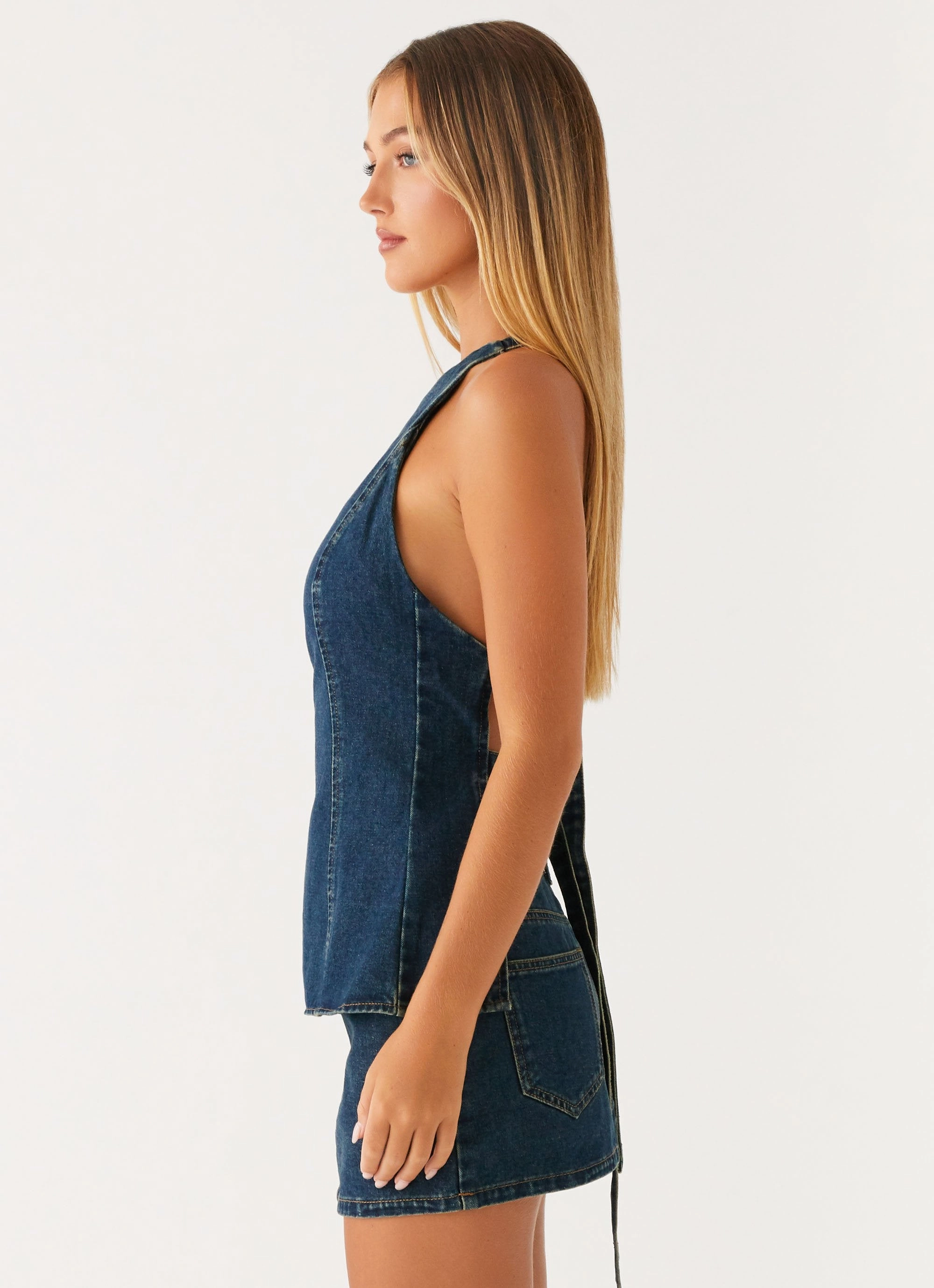 Maysa Denim Top - Washed Denim Ribbed Hem Finish
