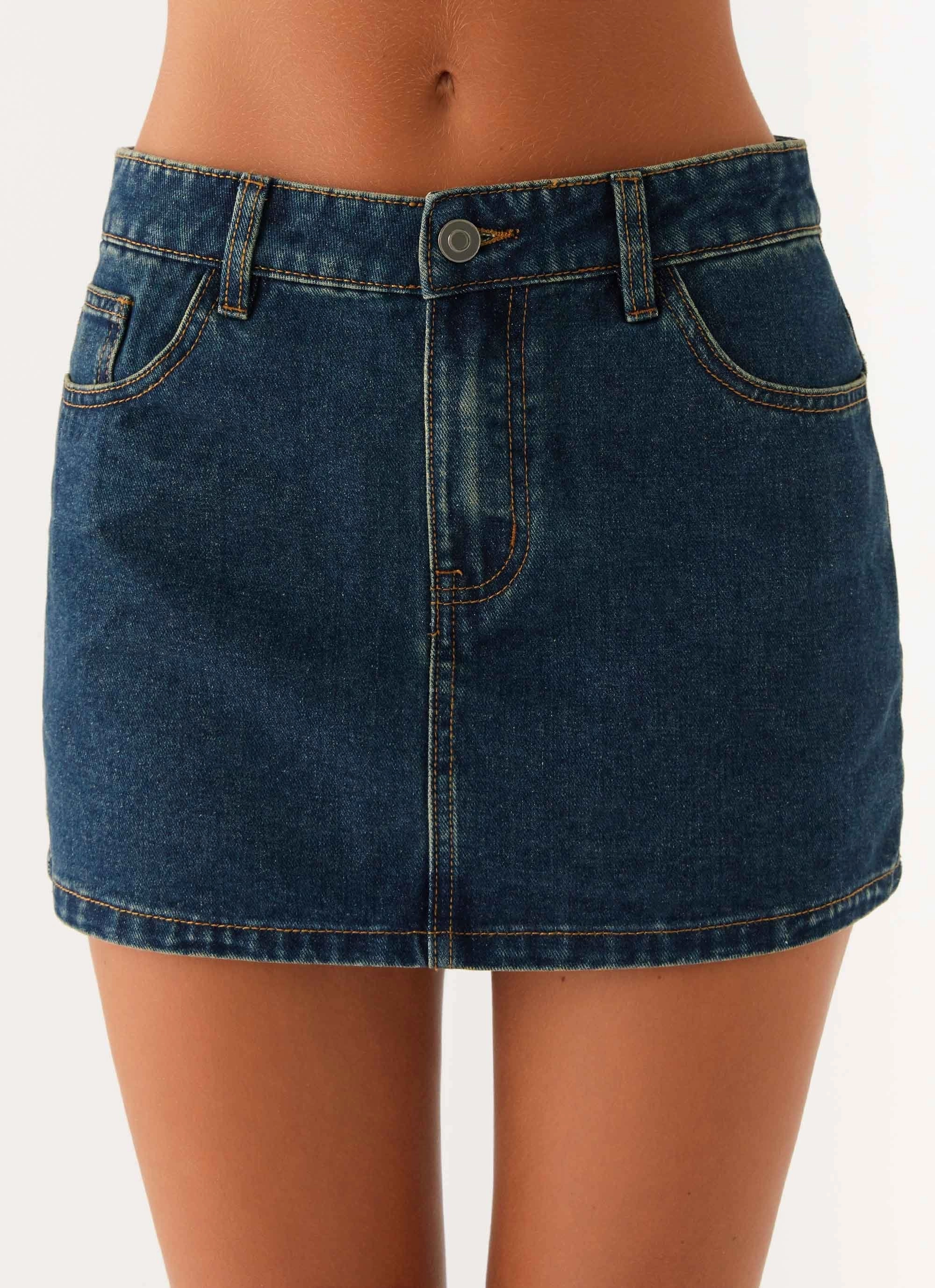 Maysa Low Rise Mini Skirt - Washed Denim Faux Leather