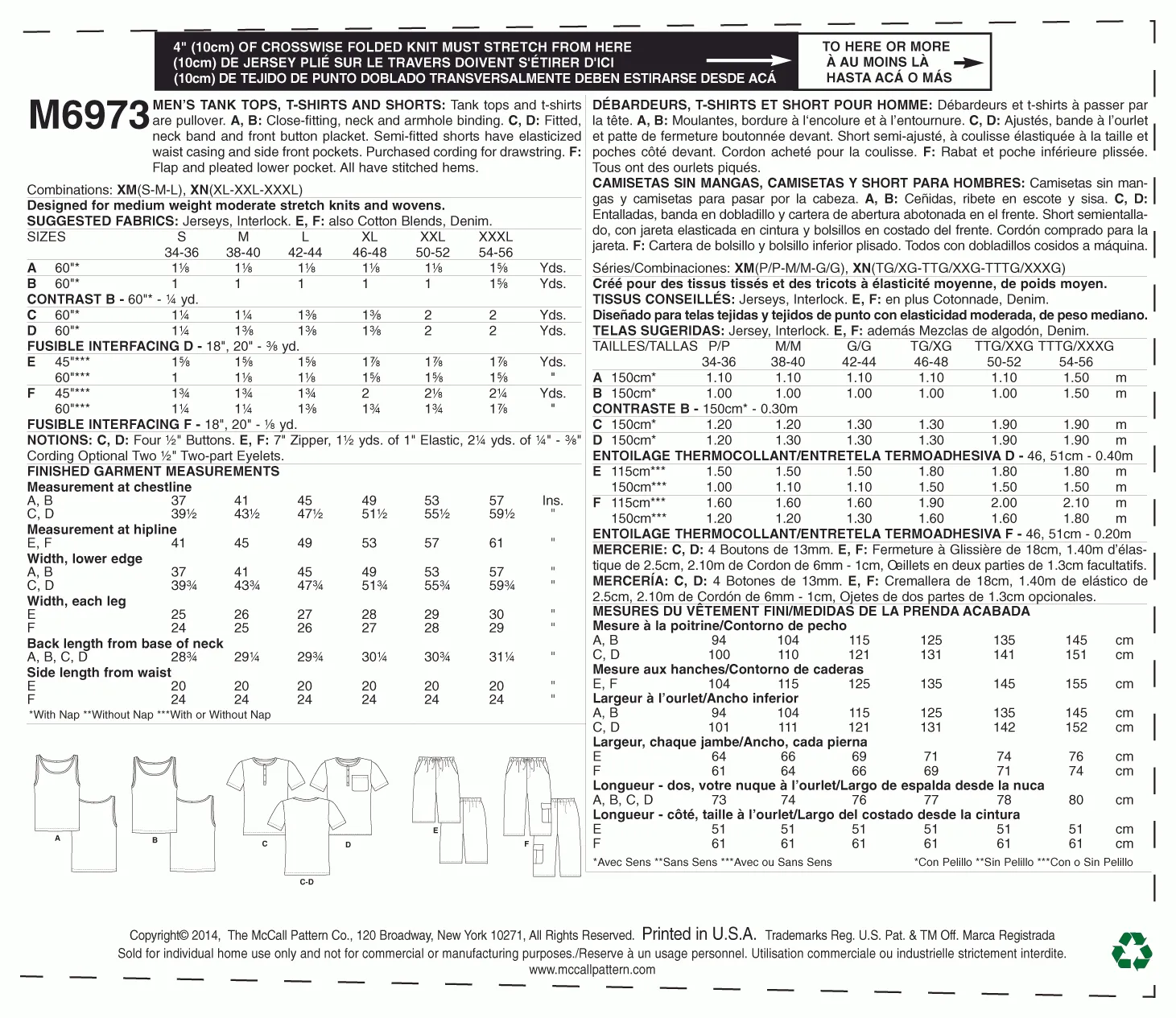 McCall's Pattern M6973 Men's Tank Tops, T-Shirts and Shorts