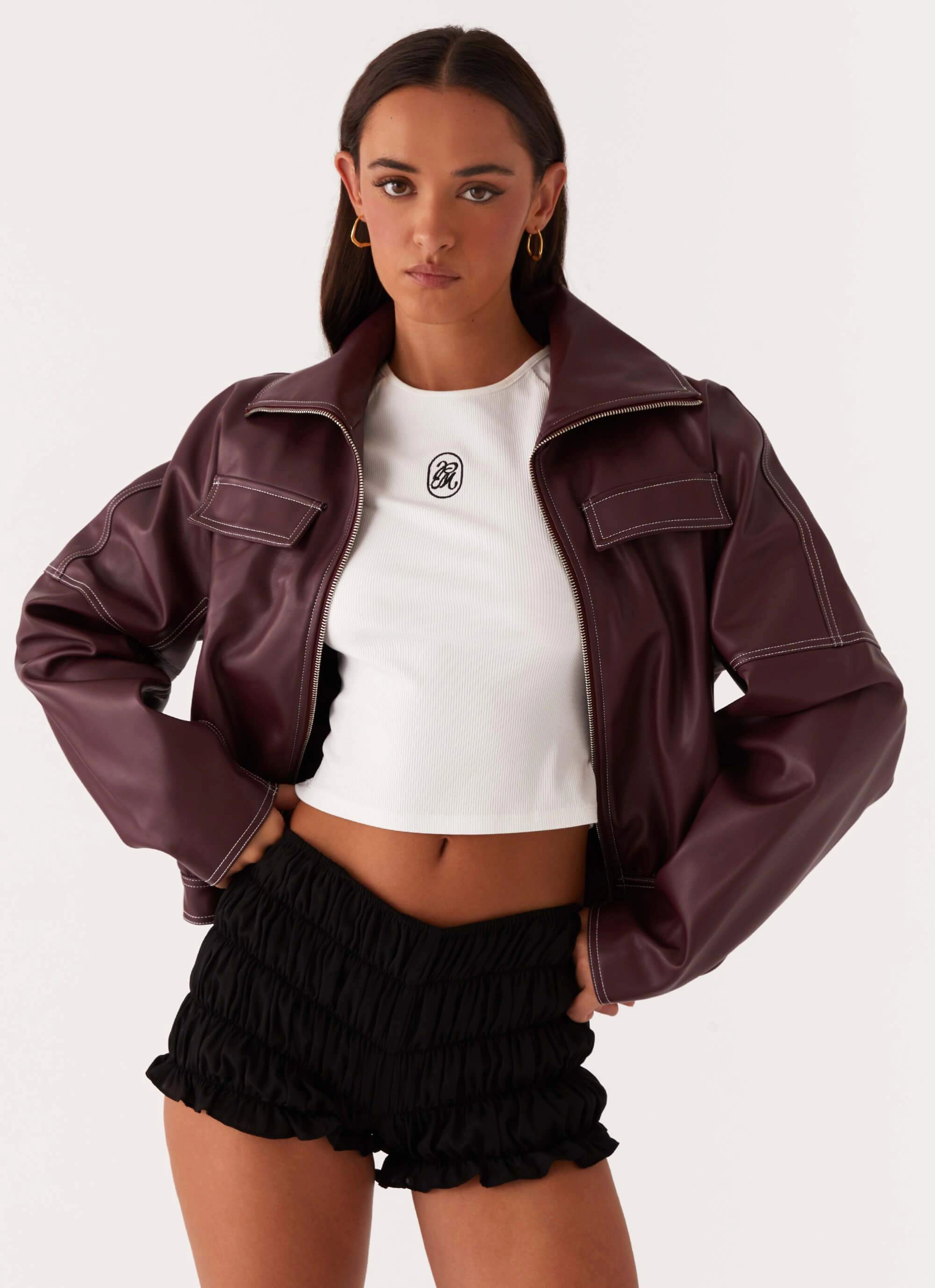 Meant To Be PU Boxy Jacket - Wine Transitional City Fit