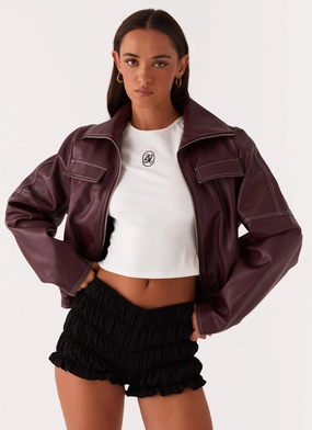 Meant To Be PU Boxy Jacket - Wine Transitional City Fit
