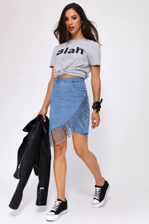 Medium Blue Denim Tassel Wrap Over Skirt