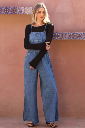 MEDIUM DENIM WIDE LEG DENIM OVERALL JUMPSUIT