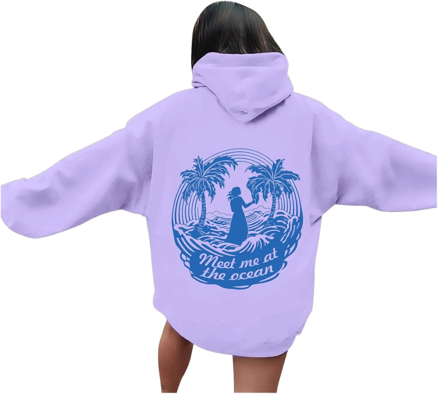 Meet Me at The Ocean Graphic Preppy Hoodies for Women Girls Cute Trendy Oversized Sweatshirts Long Sleeve Y2K Pullover Tops