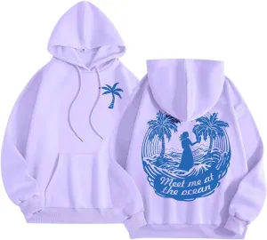 Meet Me at The Ocean Graphic Preppy Hoodies for Women Girls Cute Trendy Oversized Sweatshirts Long Sleeve Y2K Pullover Tops