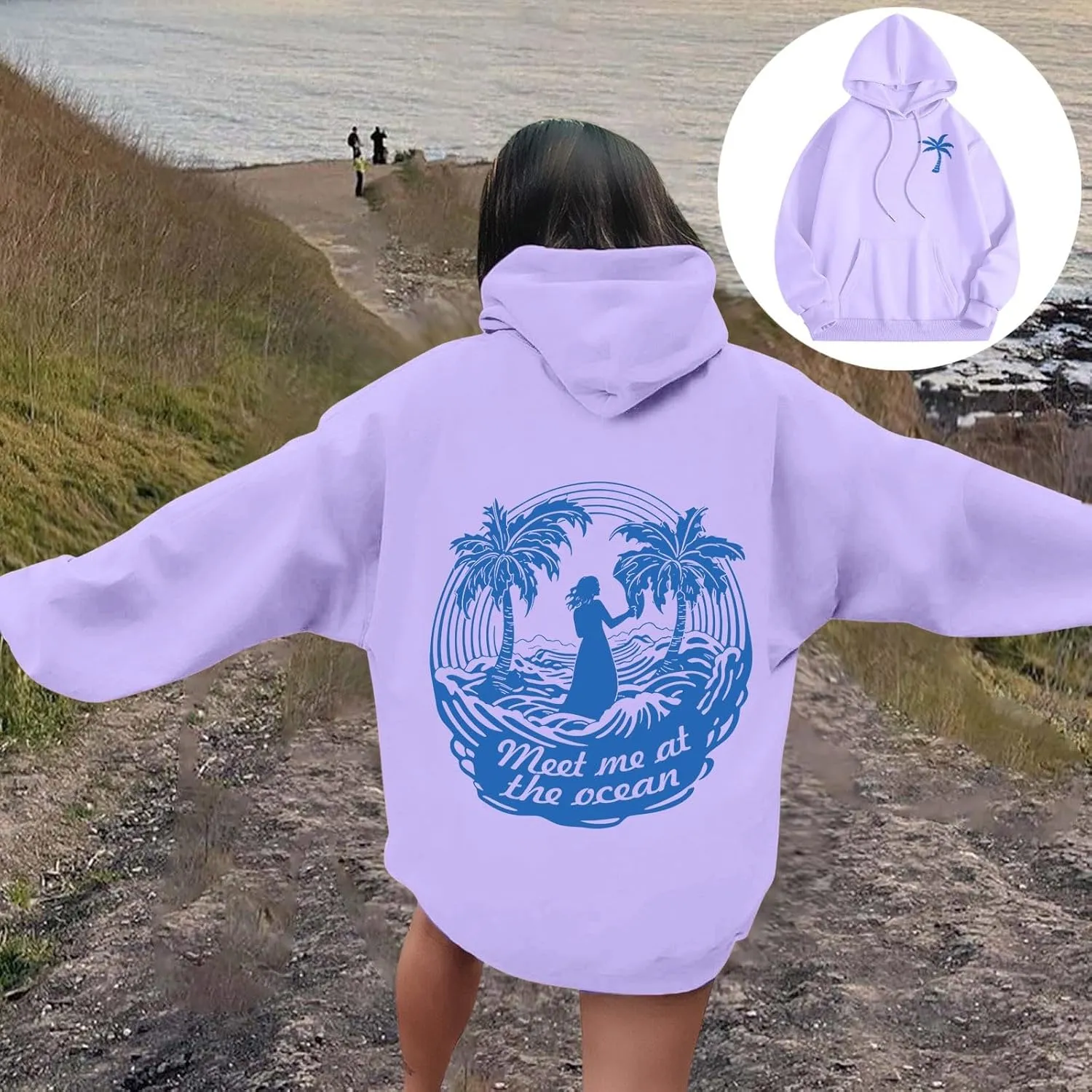 Meet Me at The Ocean Graphic Preppy Hoodies for Women Girls Cute Trendy Oversized Sweatshirts Long Sleeve Y2K Pullover Tops