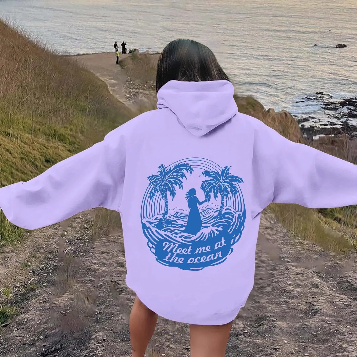 Meet Me at The Ocean Graphic Preppy Hoodies for Women Girls Cute Trendy Oversized Sweatshirts Long Sleeve Y2K Pullover Tops