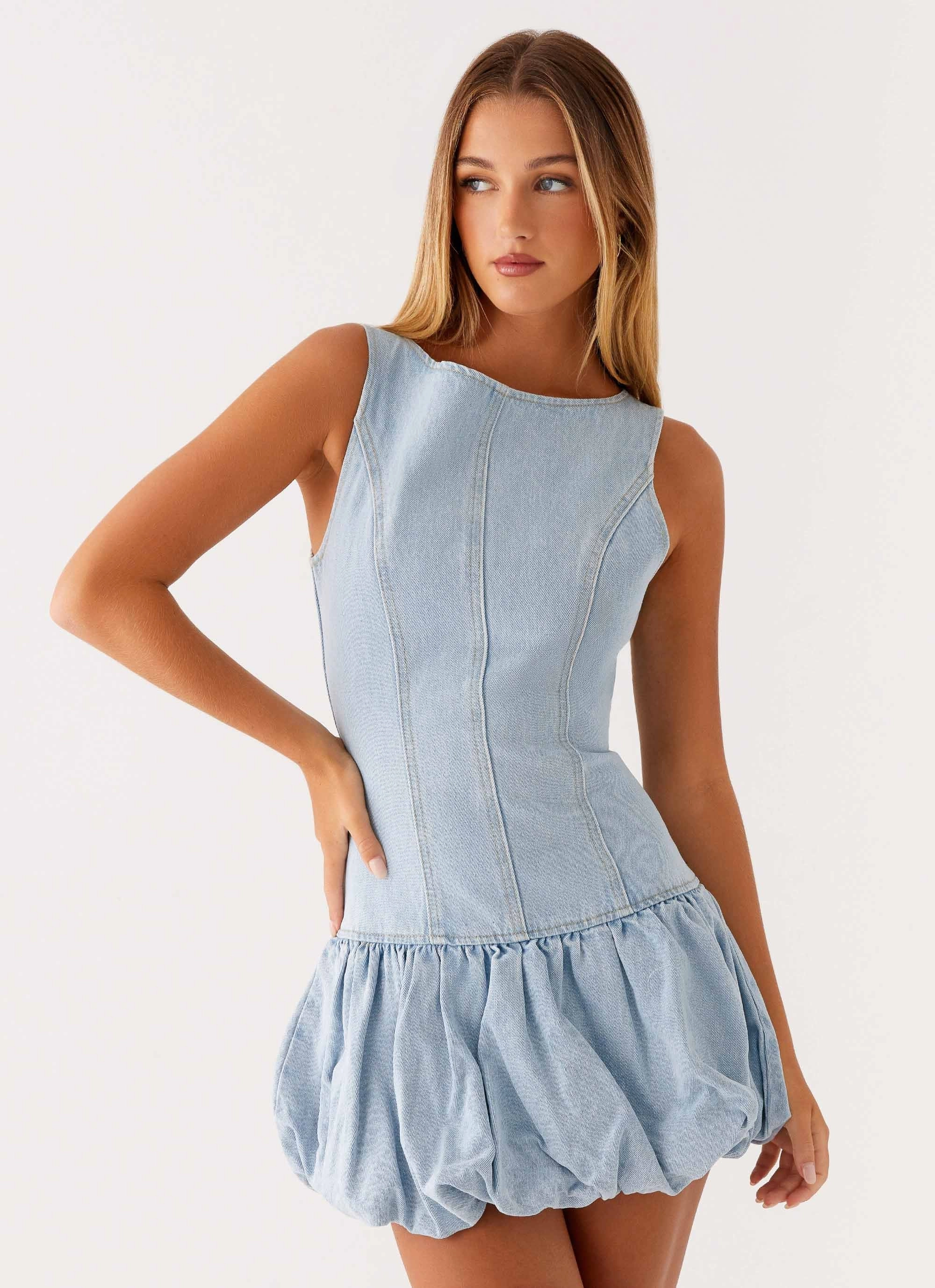 Cozy Tones Meg Bubble Denim Mini Dress - Blue