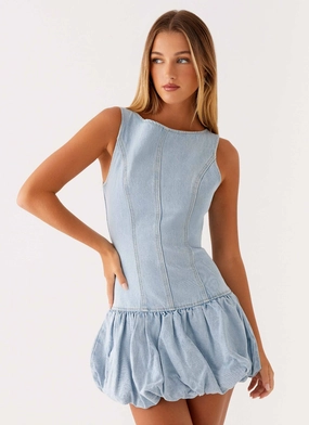 Cozy Tones Meg Bubble Denim Mini Dress - Blue