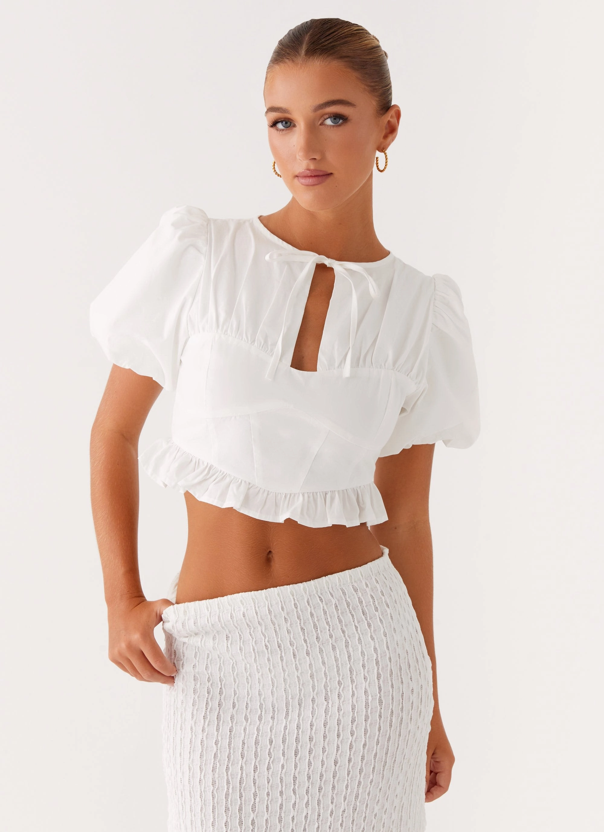 Megan Balloon Sleeve Top - White CarbonNeutral Production Stretch Knit Fabric