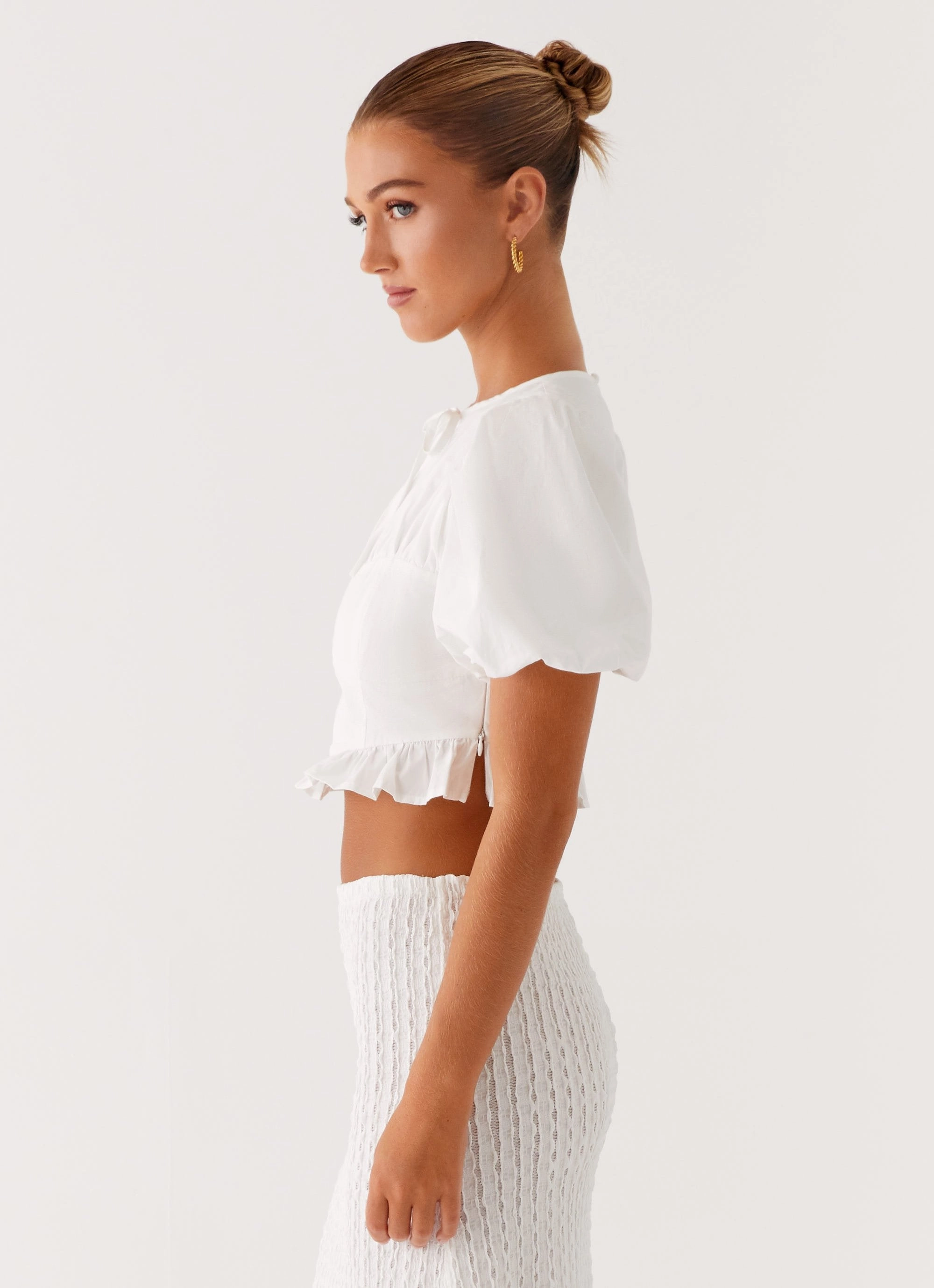 Megan Balloon Sleeve Top - White Ergonomic Cut All Purpose Casual Cut