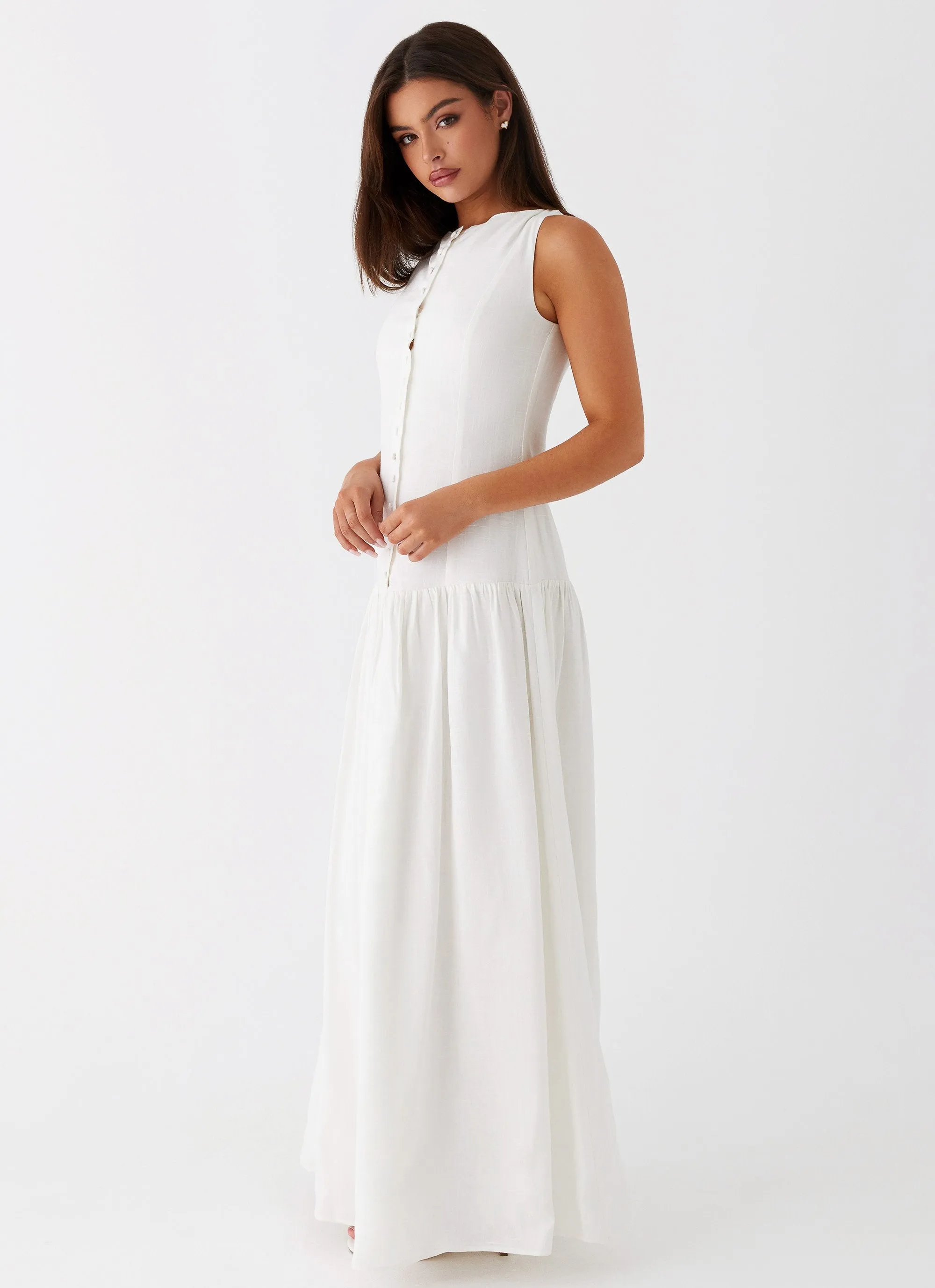 Meggie Linen Maxi Dress - White Feminine Details Cozy Fit