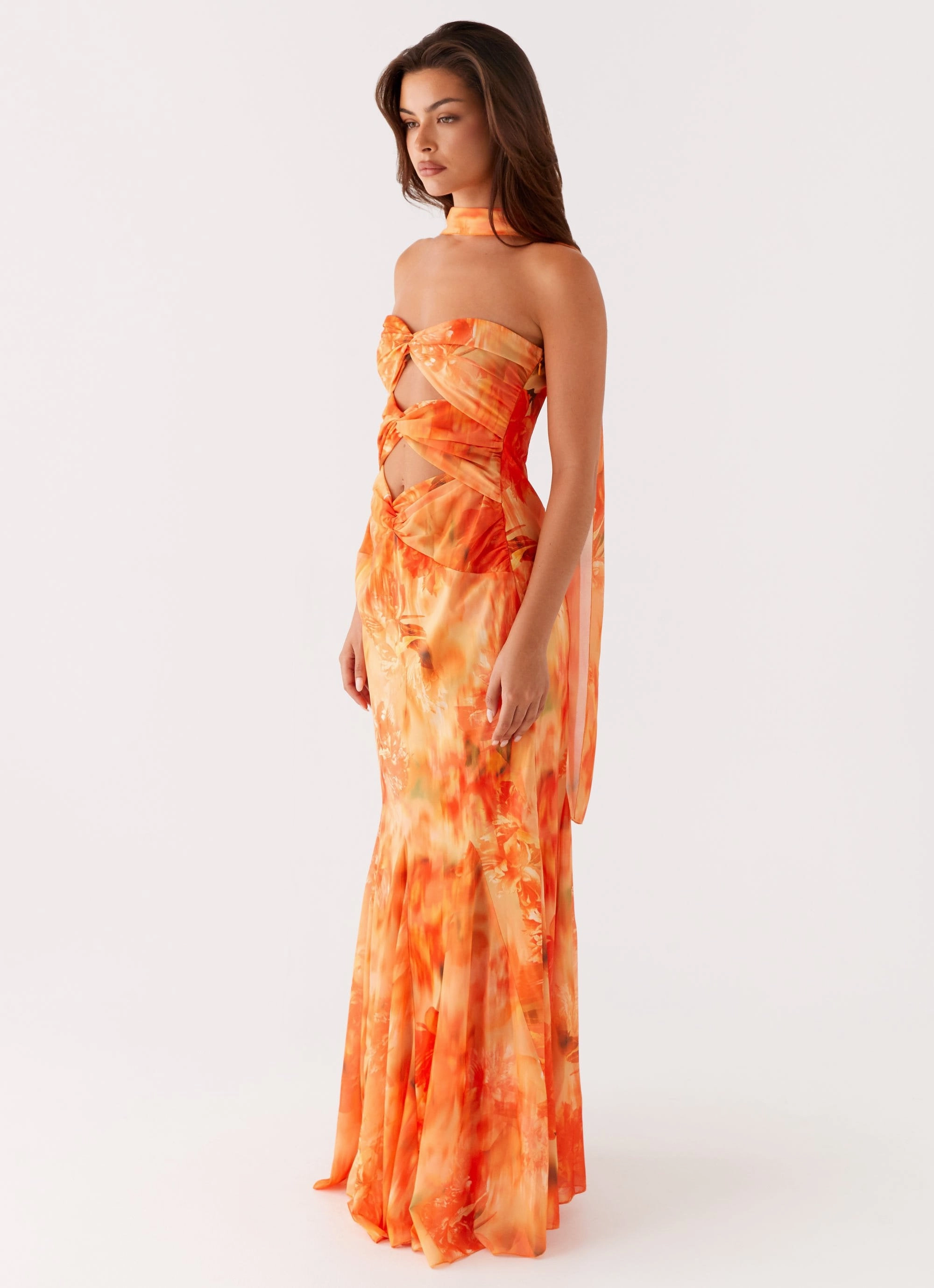 Cozy Design Style Upgrade Melrose Satin Chiffon Maxi Dress - Sunset Floral