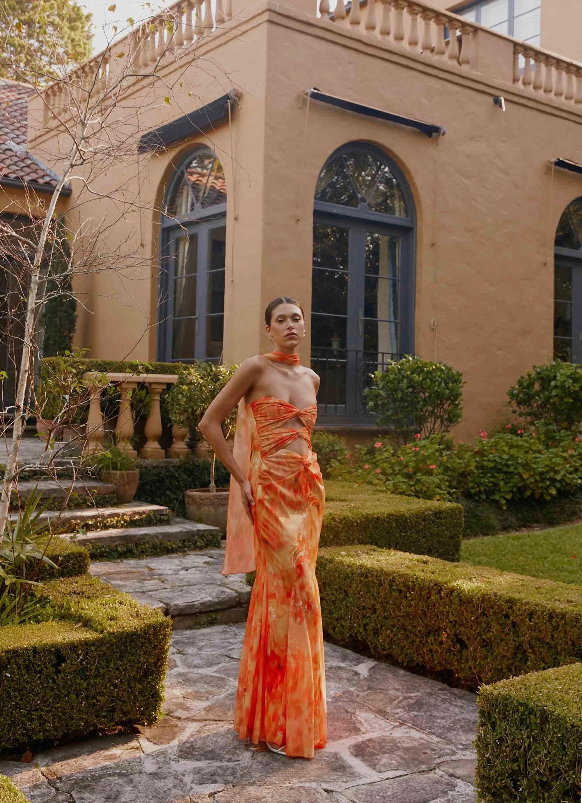 Melrose Satin Chiffon Maxi Dress - Sunset Floral Shine Soft Trendy Tailoring