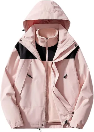 Men 3-in-1 Rain Jacket Hooded Rain Coat Waterproof Windbreaker with Pockets Raincoat for Hiking Skiing Outdoor Sports