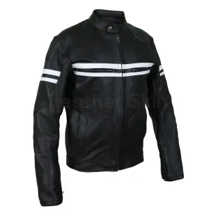 Men Black Vintage Biker Motorcycle Leather Jacket with White Stripes